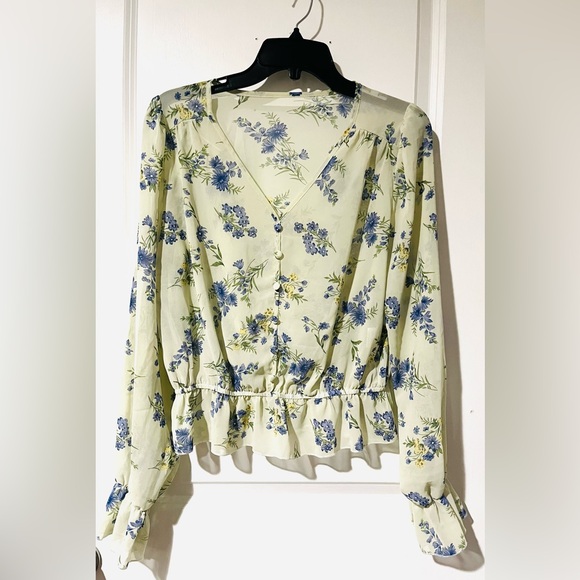 Tops - Floral Button-Down Blouse in Blue and Yellow